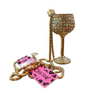 Betsey Johnson Gold Rhinestone Crystal Wine Glass Chalice 3D Pendant Necklace NW